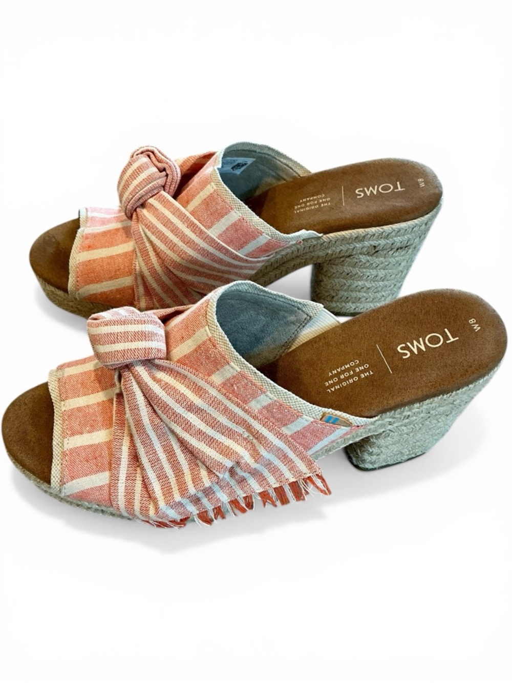 Toms Junie Canvas Espadrille Slide Peep Toe Heel Orange Cabana Stripe Size 8 - Picture 2 of 8